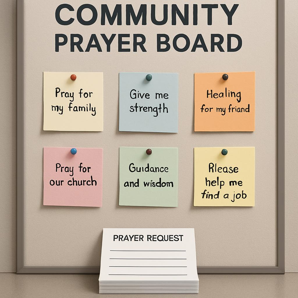 Community Prayer Board with a stack of prayer request cards.