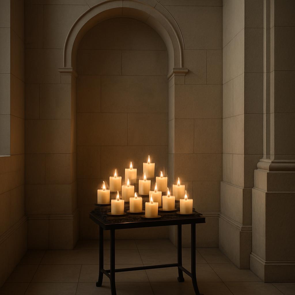 A table of lit candles in an arched entryway of a stone building.