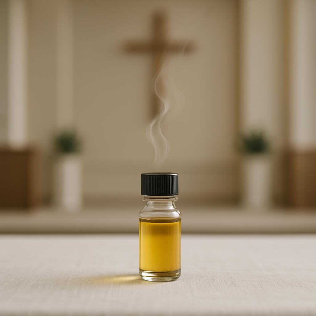 The bottle containing the golden liquid which appears to be holy oil stands in front of an altar.
